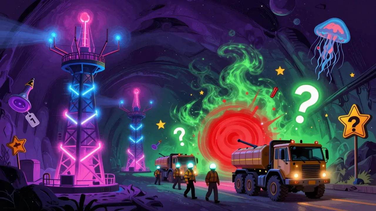 Подземная шахта с автономными грузовиками и рабочими в светящихся касках, окруженная пульсирующими UWB-антеннами.