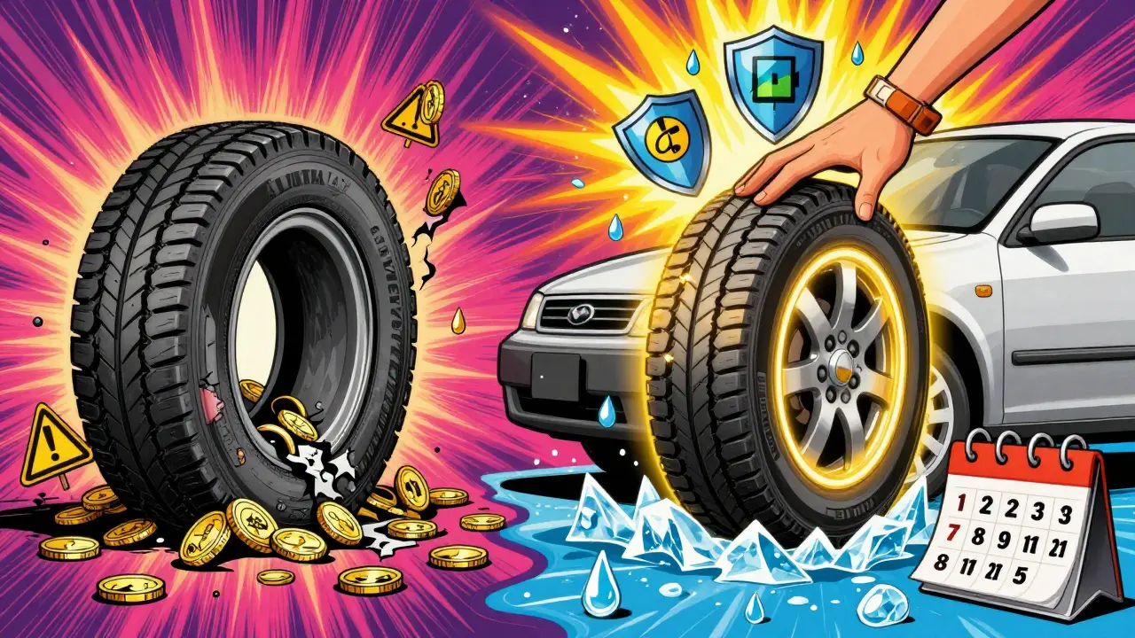 Сравнение дешевой и надежной шины: одна разрушается, другая светится и защищает.