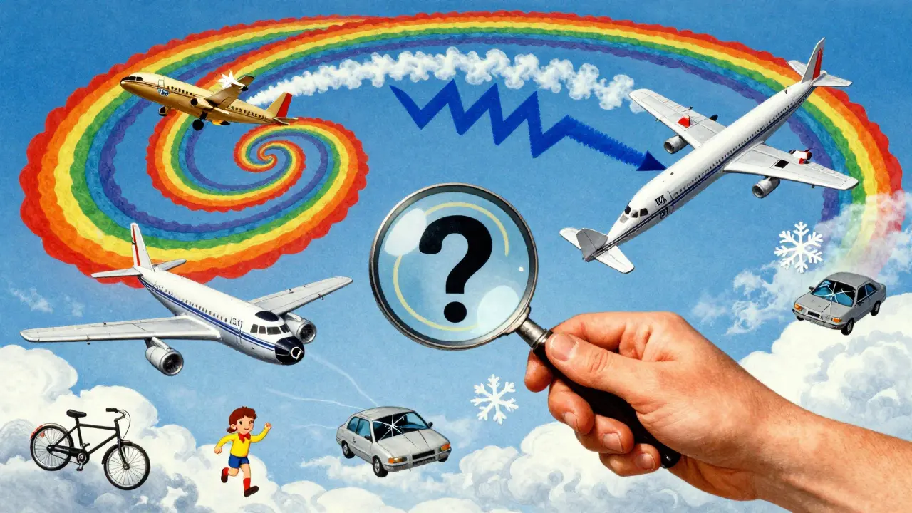 Три самолета в небе с противоположными командами, окруженные символами угроз, под наблюдением гигантской руки.