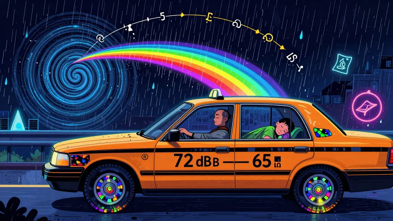 Внутри такси: водитель спокоен, а шум шин превращается в радужные волны, пассажир спит.