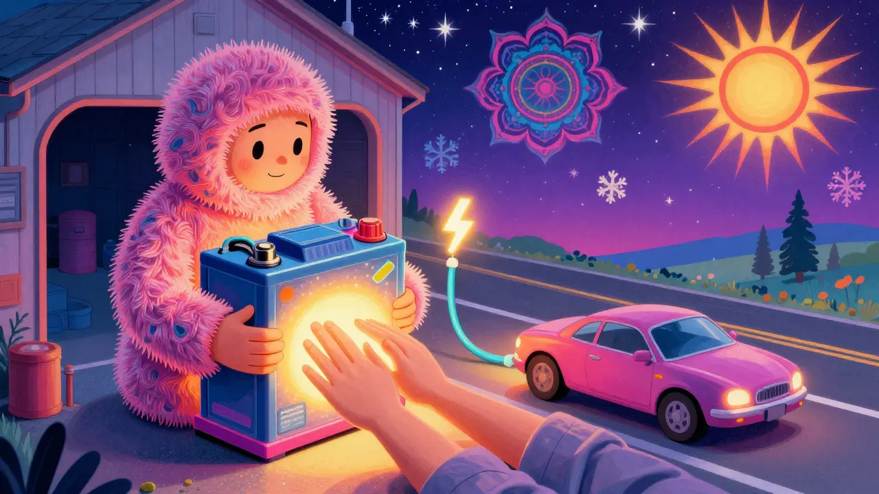 Аккумулятор в утеплителе спокоен в гараже, а машина уезжает по дороге с заряжающими символами.