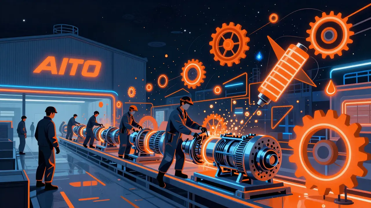 Ночной завод в Калининграде с неоновыми огнями и плавающими масляными каплями, символизирующими подготовку к производству гибридов.