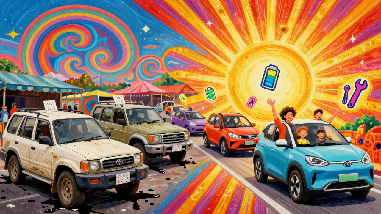 Разделённый рынок: погибающие импортные SUV слева и счастливые семьи с российскими электромобилями справа в психоделическом стиле.