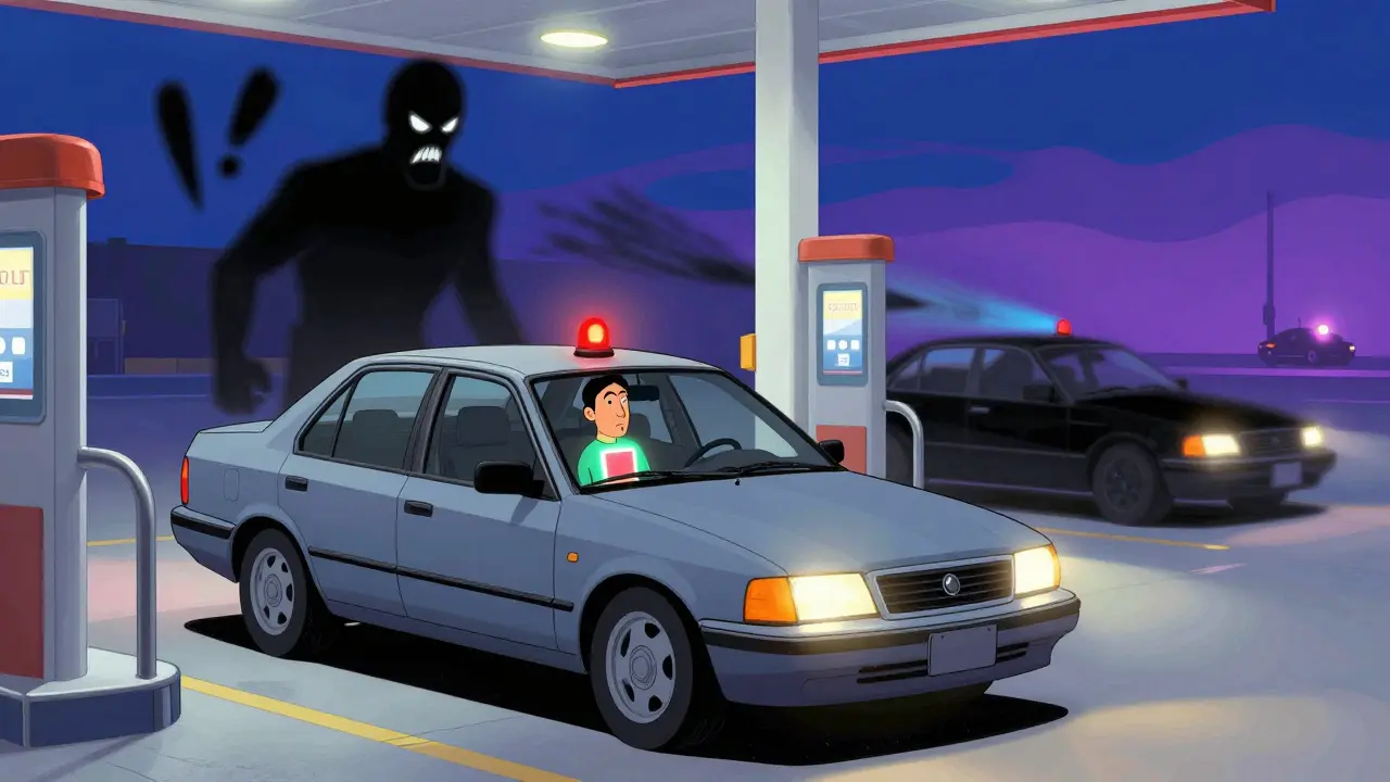 Водитель дышит спокойно в машине с включенными аварийками, агрессор исчезает в размытых цветах.