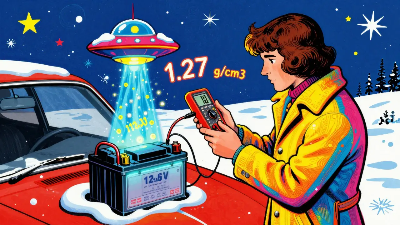 Водитель проверяет напряжение аккумулятора, вокруг него летают цифры и тепловые одеяла в психоделическом стиле.