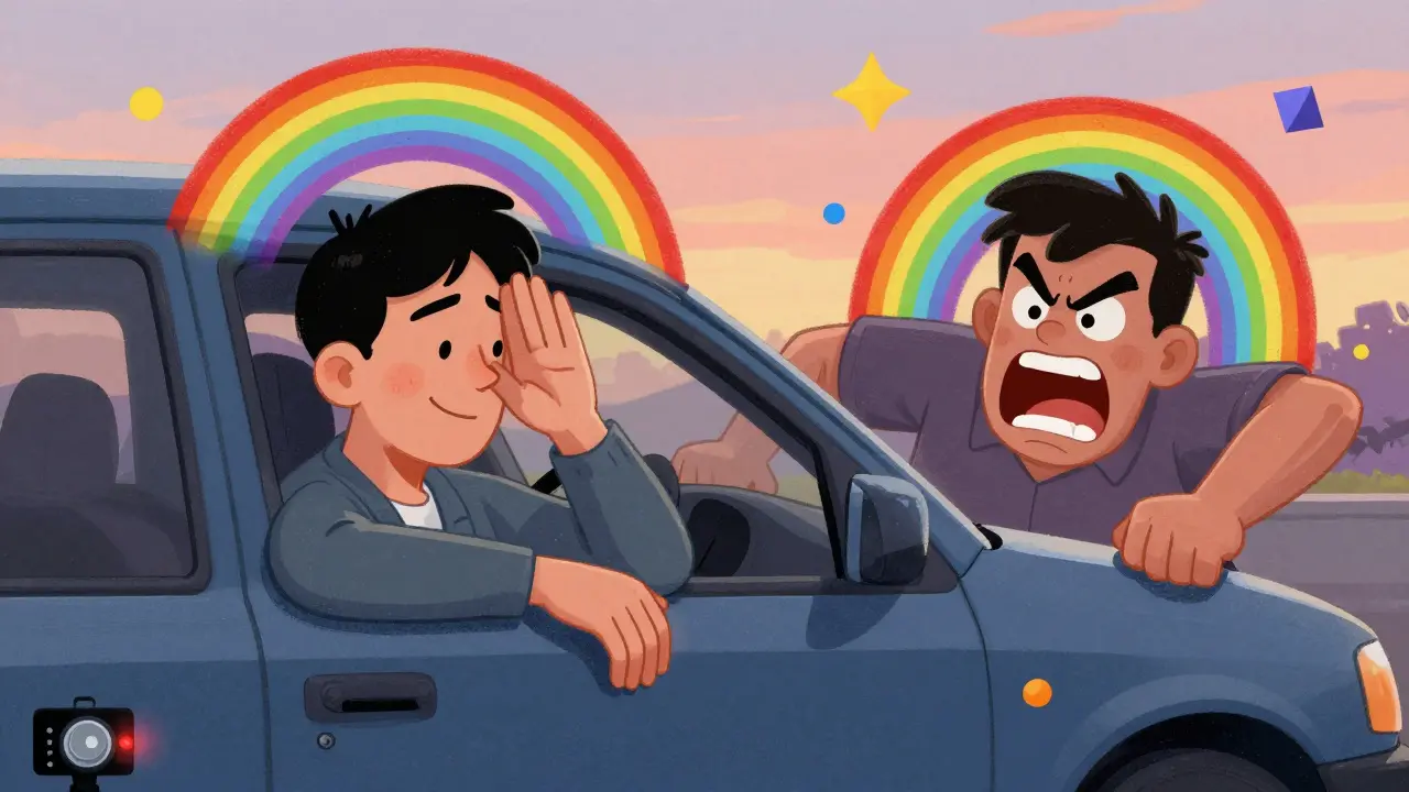 Водитель улыбается и извиняется через окно, пока агрессор стучит в дверь, вокруг — радужные узоры.