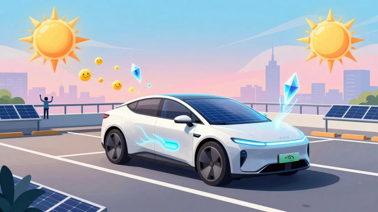 Автомобиль с гибкой солнечной крышей в 2030 году, поглощающий солнечную энергию в психоделическом стиле Питера Макс.