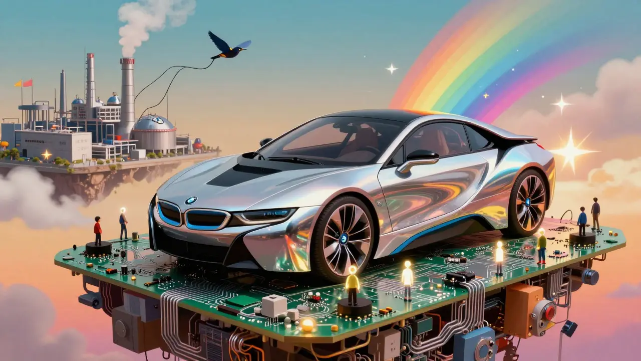 BMW i8 Vision как космический корабль на острове из плат, окруженный радужным светом.