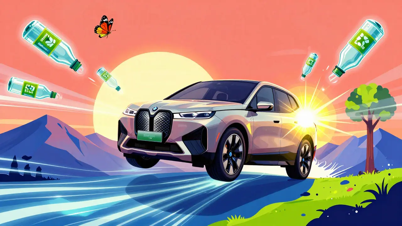 BMW iX летит над горами, оставляя за собой энергию и переработанные бутылки.