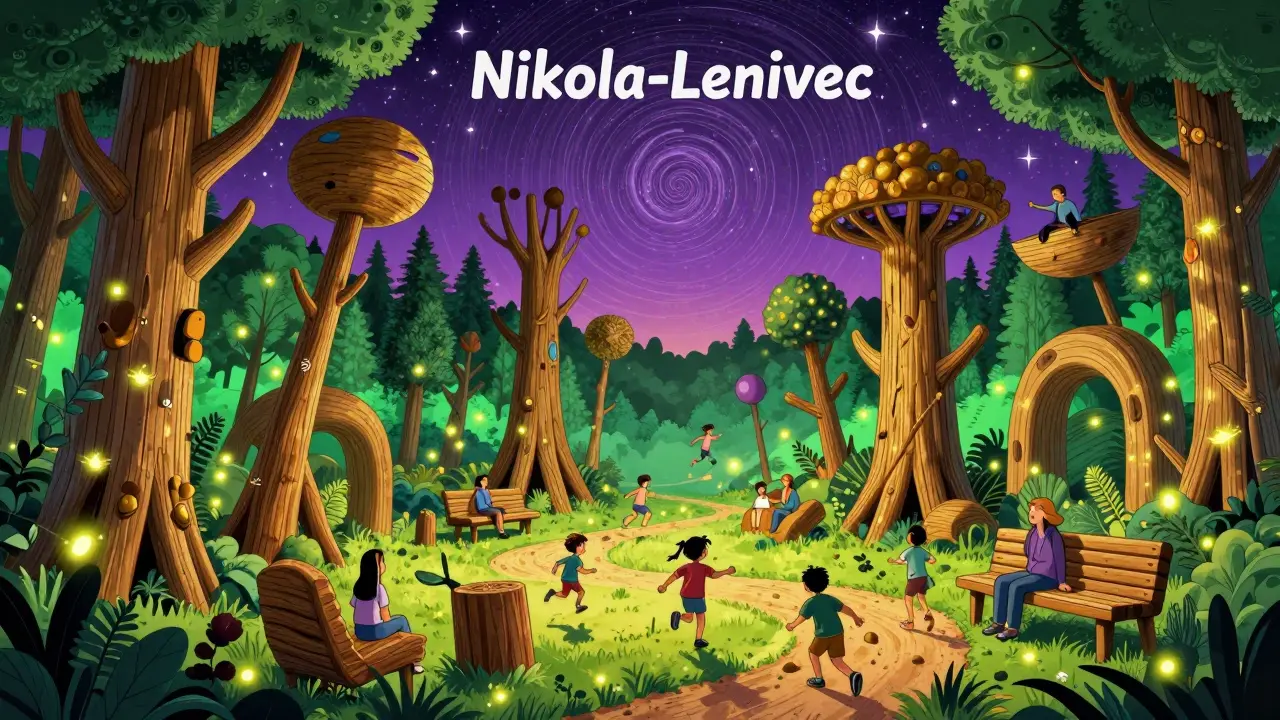 Дети бегут среди гигантских деревянных скульптур в арт-парке Никола-Ленивец под психоделическим небом.