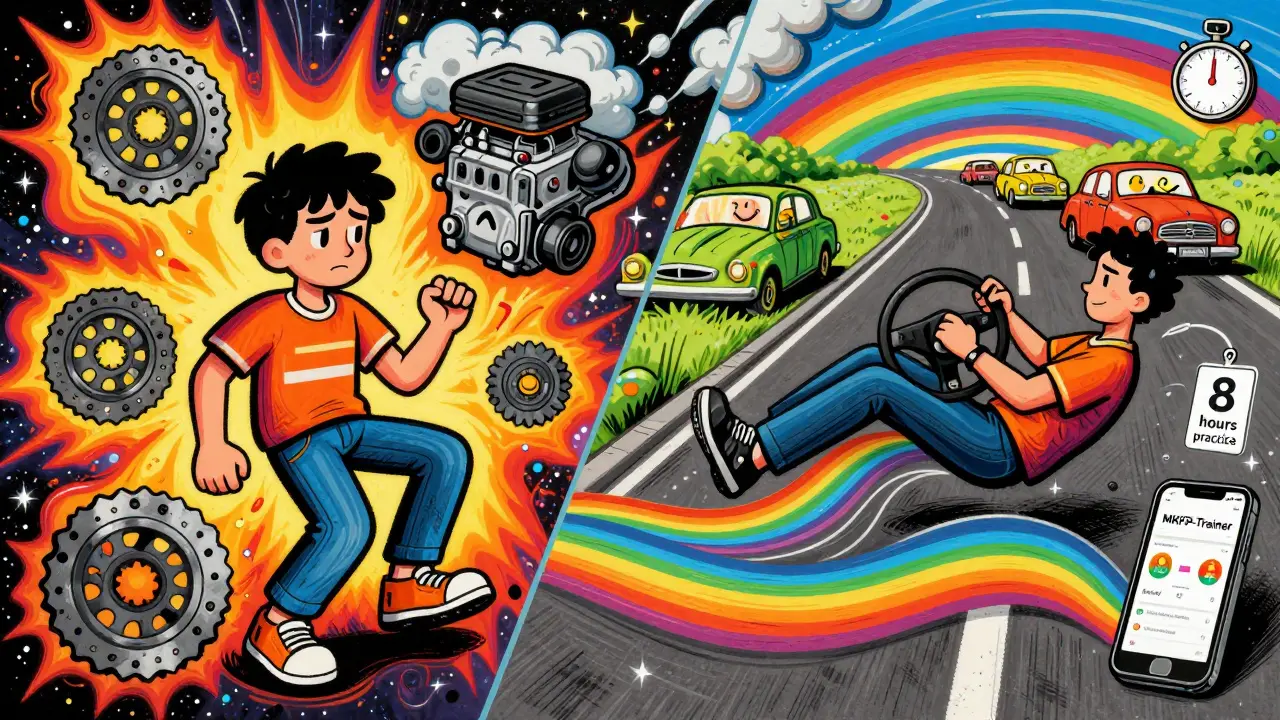 Два водителя: один в панике, другой — спокойно плывёт по радужной дороге, вокруг — символы практики и приложения для обучения в стиле Питера Макса.