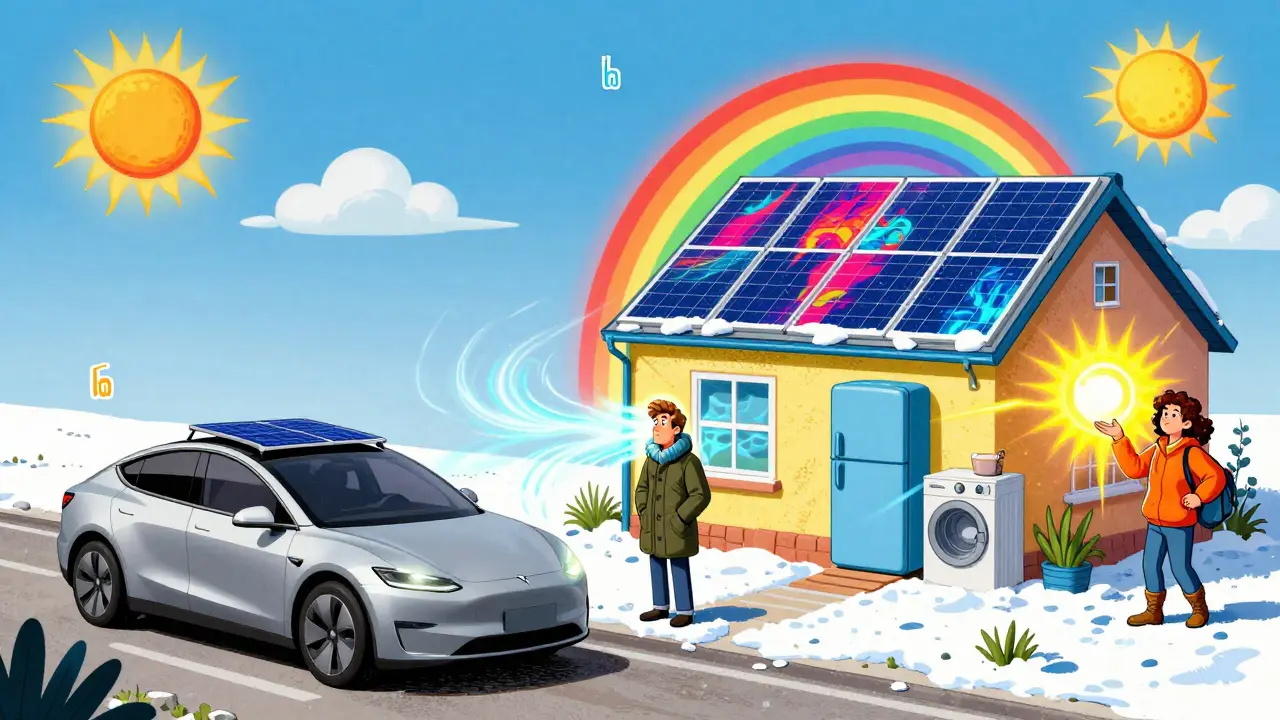 Контраст: маленькие панели на машине vs огромные на доме, освещенные радужной энергией в стиле Питера Макс.