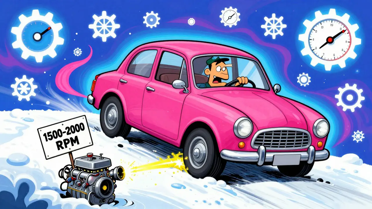 Машина медленно трогается на склоне, ручник поднимается, как лента, вокруг — волшебные шестерёнки и стрелки тахометра в психоделическом стиле.