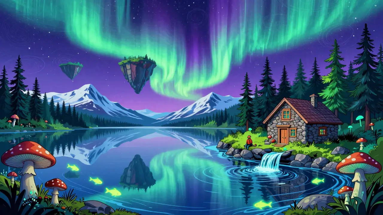 Одинокий путешественник у прозрачного озера в Карелии, где северное сияние отражается в воде и растут светящиеся грибы.