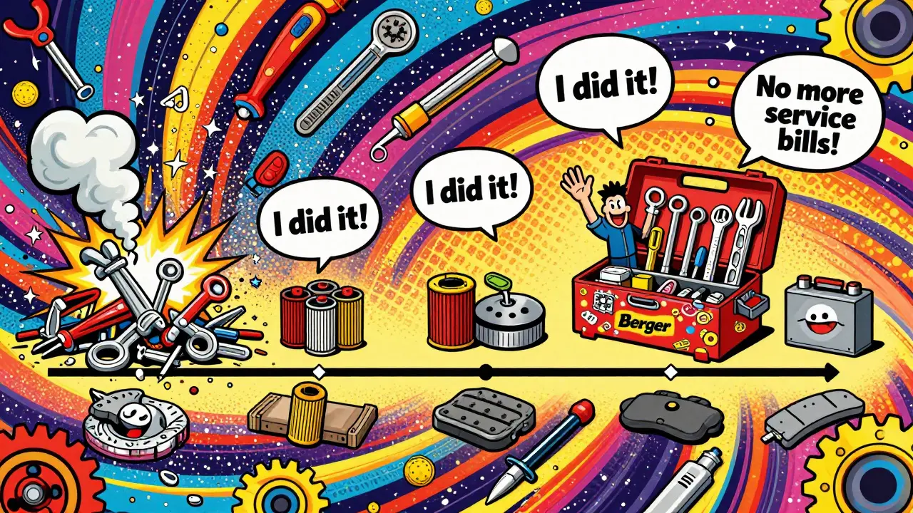 От хаотичного кучи сломанных инструментов к упорядоченному набору — история обучения автовладельца в ярком поп-арте с улыбающимися инструментами.