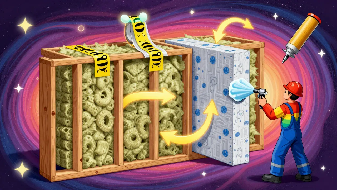 Схема утепления стены: плиты, пленка и клей в психоделическом стиле с веселым рабочим.