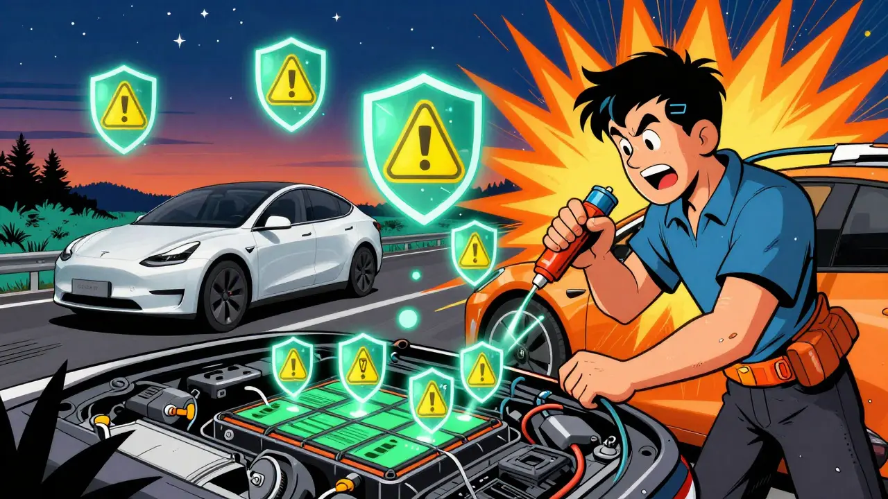 Водитель использует изолированные инструменты для безопасной проверки батареи электромобиля, вокруг — светящиеся символы безопасности и радужные вспышки.