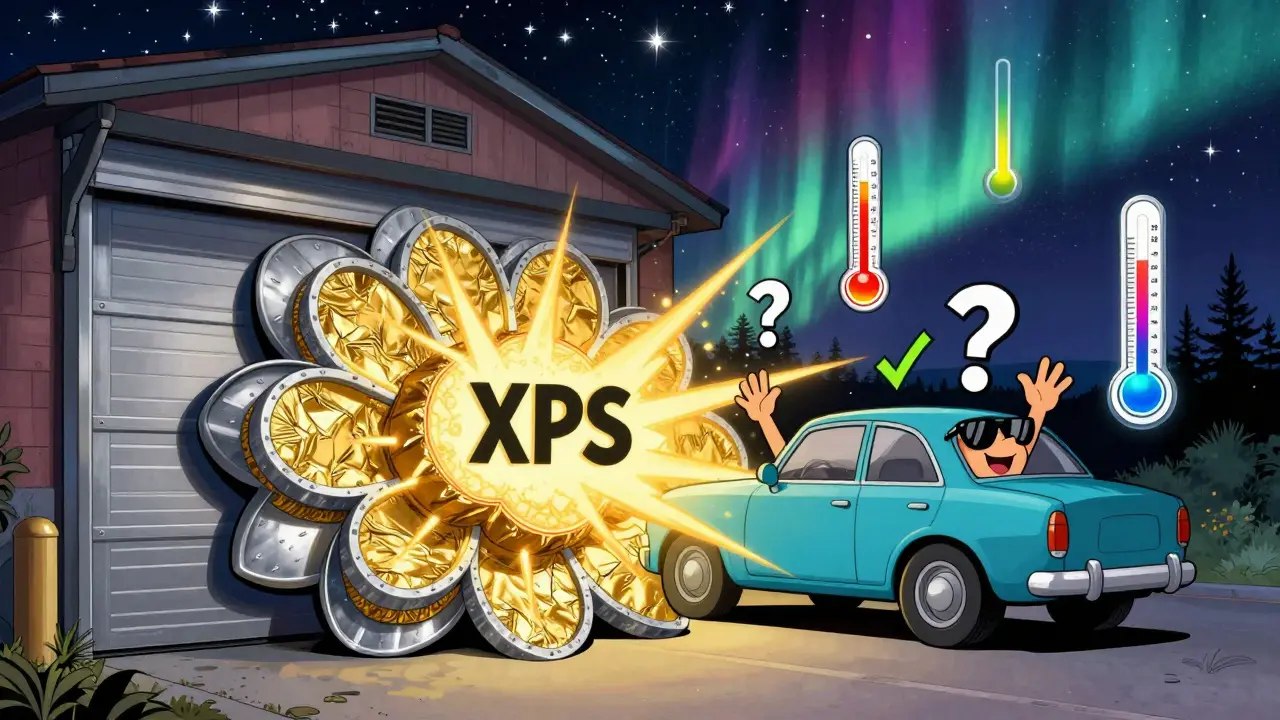 Ворота гаража раскрываются, показывая слои утепления и золотую фольгу, машина улыбается.