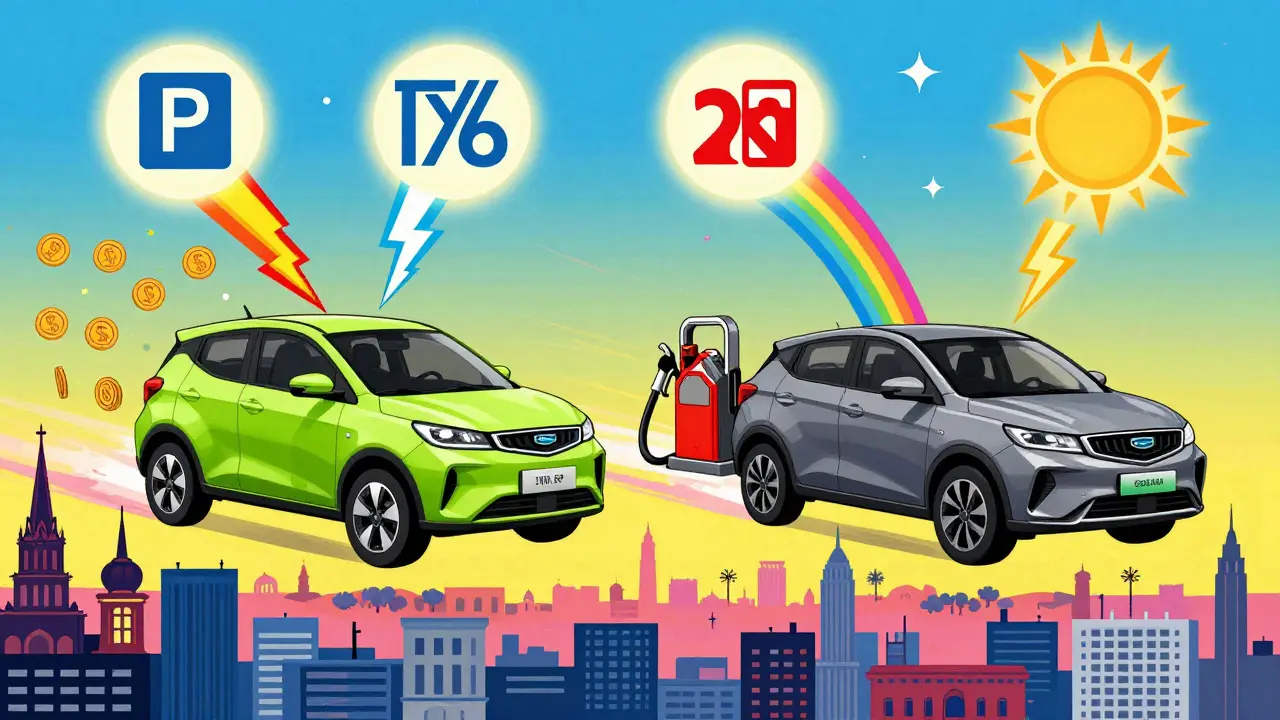 Две машины соревнуются, одна оставляет сэкономленные деньги, другая — топливо, над ними — символы льгот и субсидий в радужных тонах.