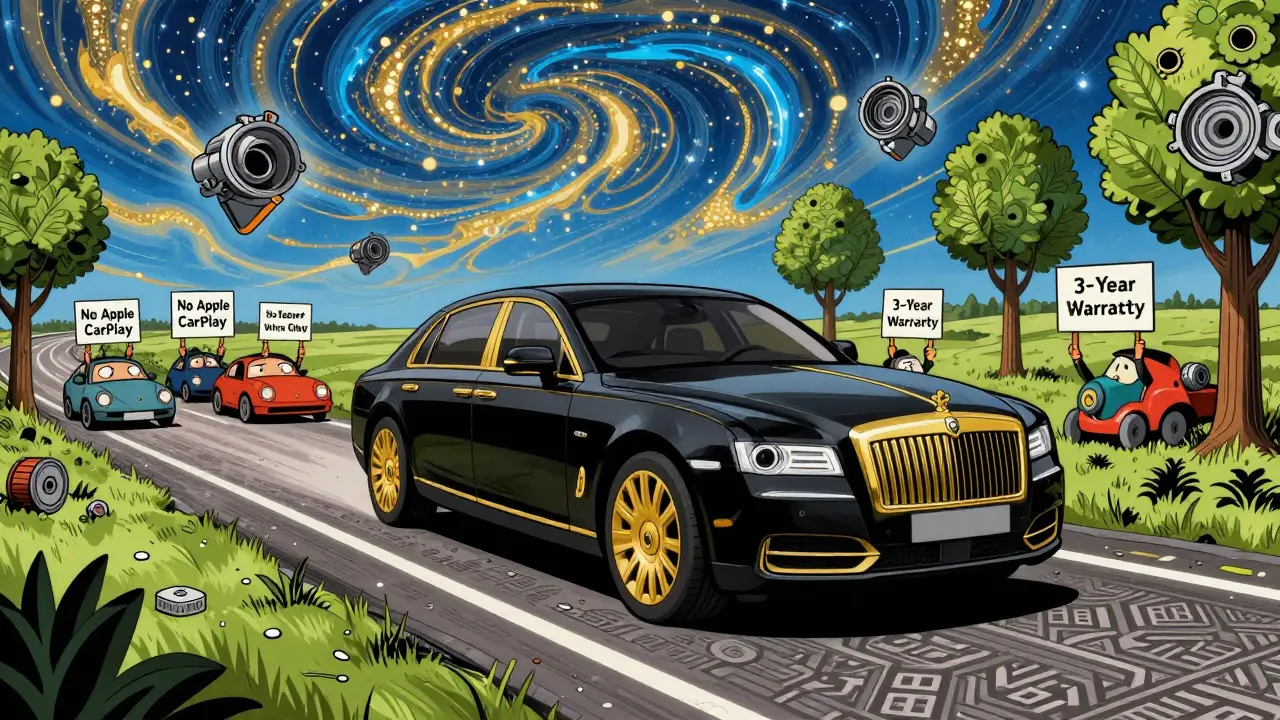 Элегантный Volga C40 плывет по символической дороге, вокруг — знаки о гарантии и отсутствии поддержки CarPlay.