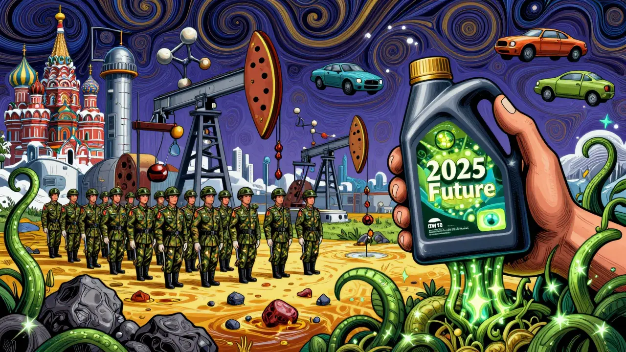 Футуристическая лаборатория с молекулами масла, где синтетика — идеальные линии, а минералка — хаос, вокруг — гибридные машины и растительные узоры.