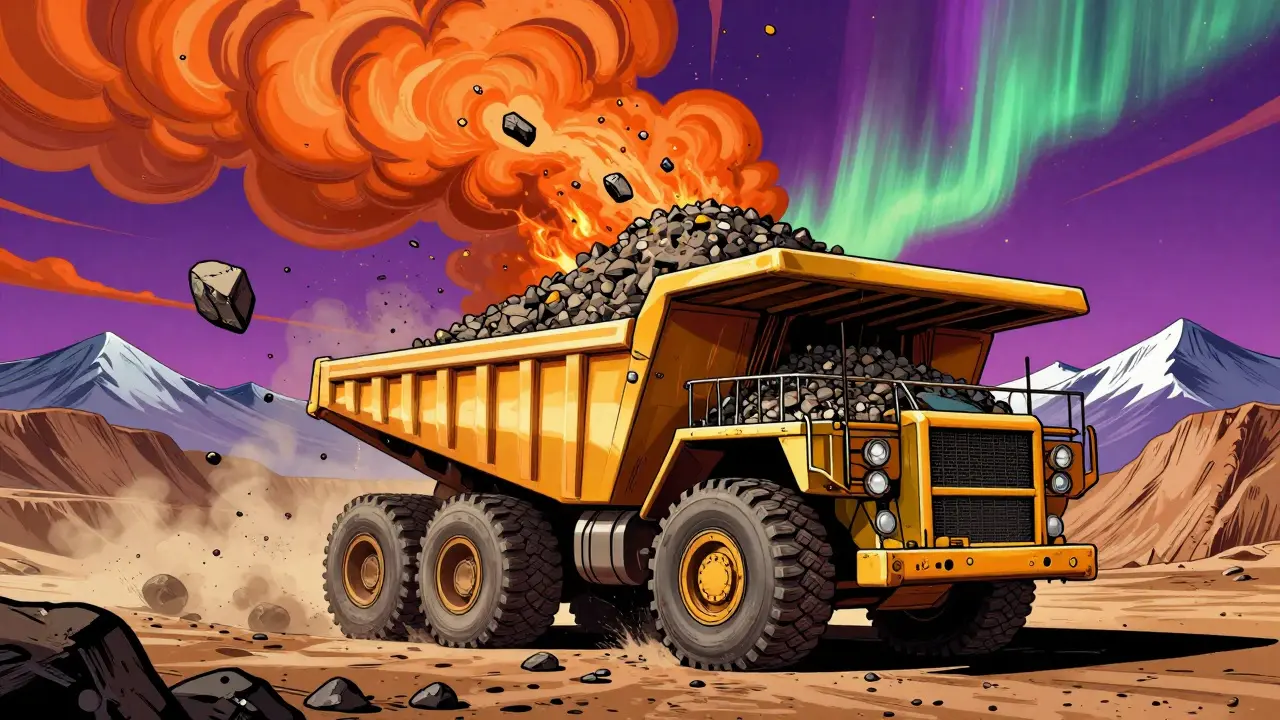 Гигантский самосвал Shacman с боковой разгрузкой высыпает гравий в карьере под психоделическим небом