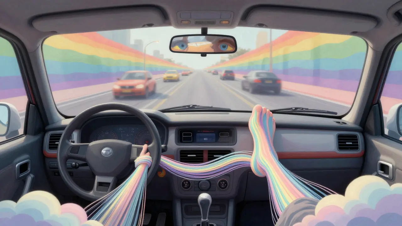 Педали в виде шёлковых нитей, водитель мягко управляет машиной в цветном трафике, зеркала отражают внимательные взгляды.