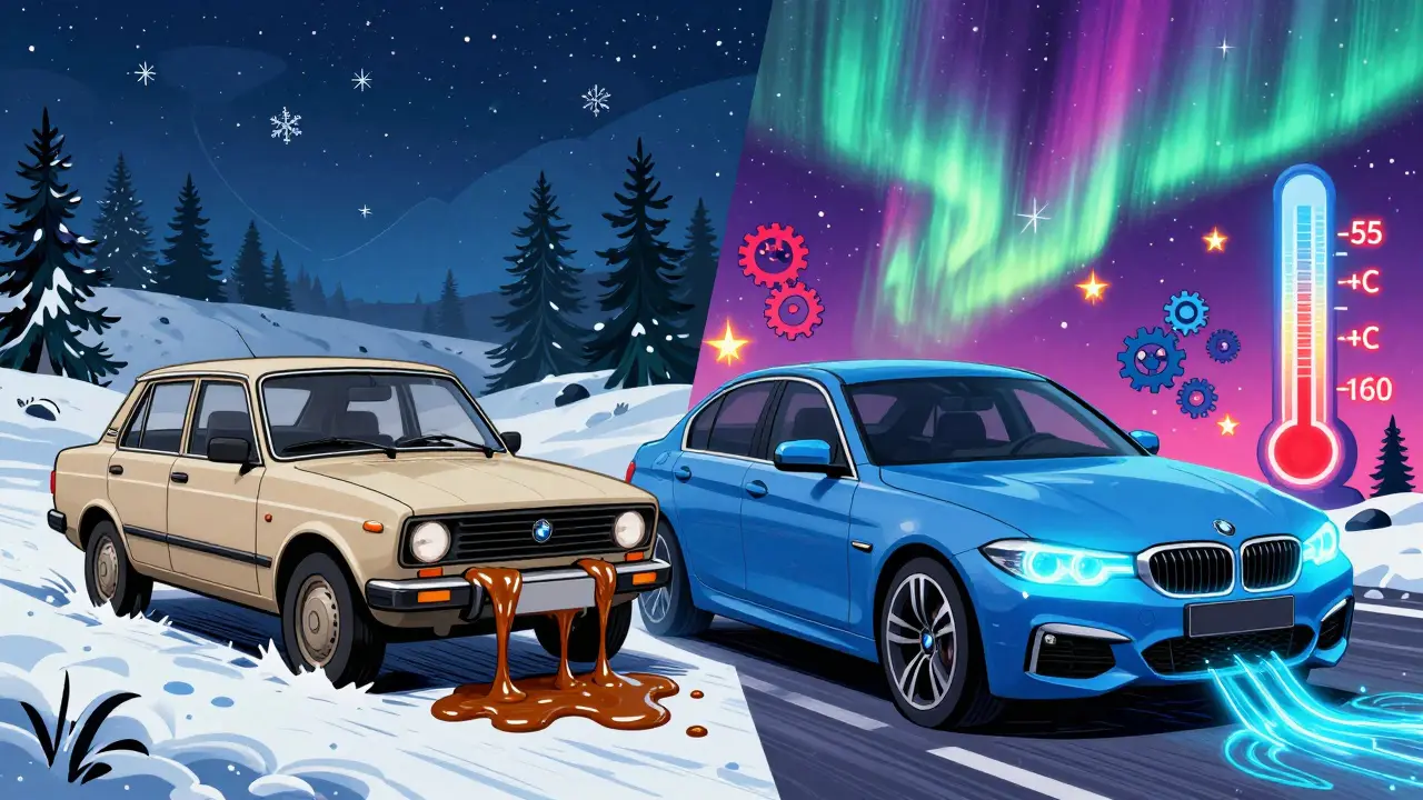 Разделенная сцена: старый автомобиль в мороз с густым маслом и современный — с блестящей синтетикой, северное сияние над ними.