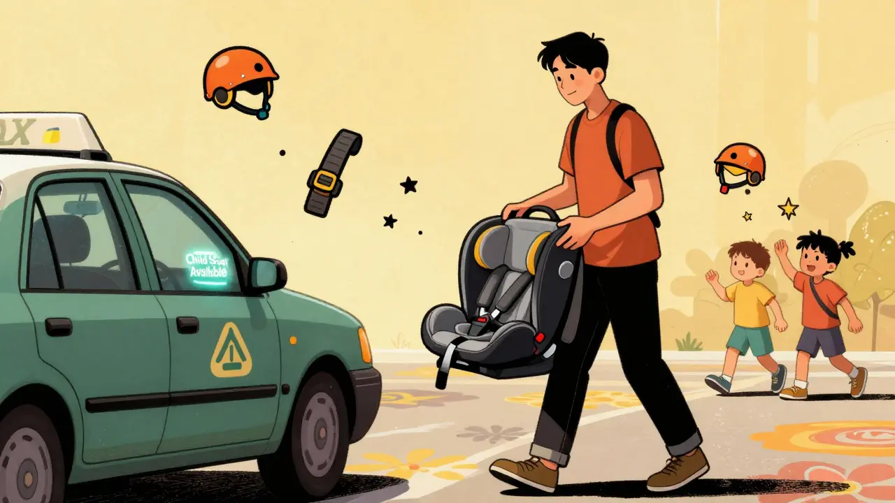 Родитель складывает легкое кресло в сумку, рядом такси с маркировкой безопасности.