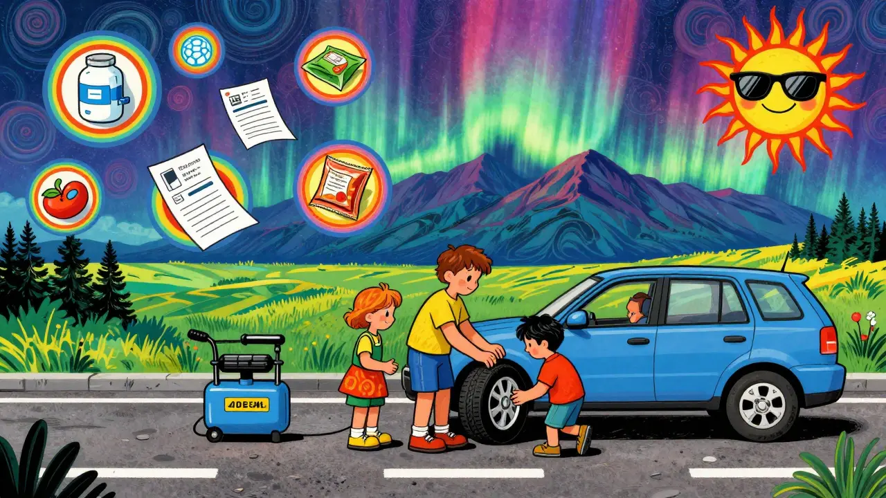 Семья чинит колесо на обочине, вокруг — плавающие аптечка, еда и документы в психоделическом стиле.