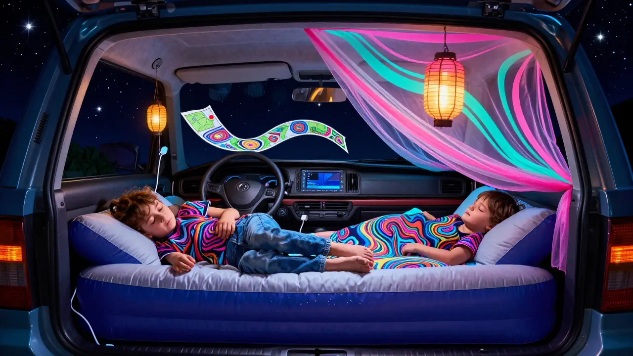 Семья спит в машине ночью, вокруг — светящиеся фонари, зарядки и москитная сетка в психоделическом стиле.