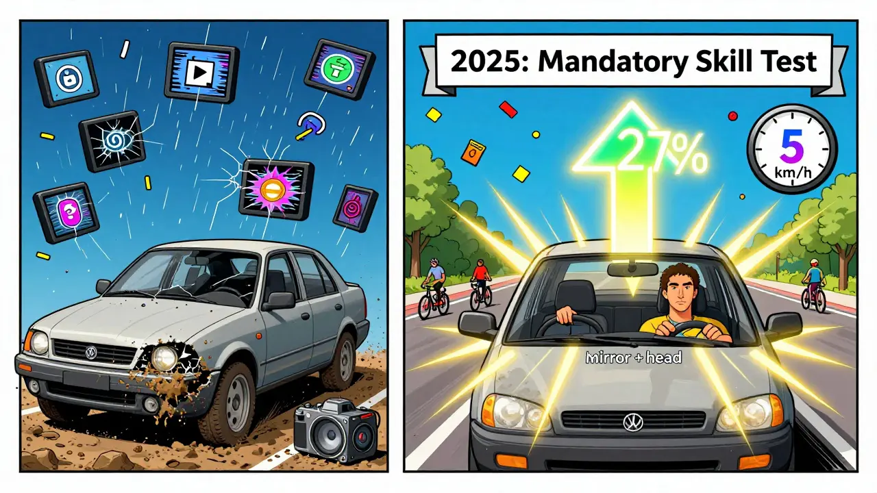 Слева — сломанная камера, справа — водитель контролирует движение назад через зеркала, вокруг — символы безопасности и цифра 5 км/ч.