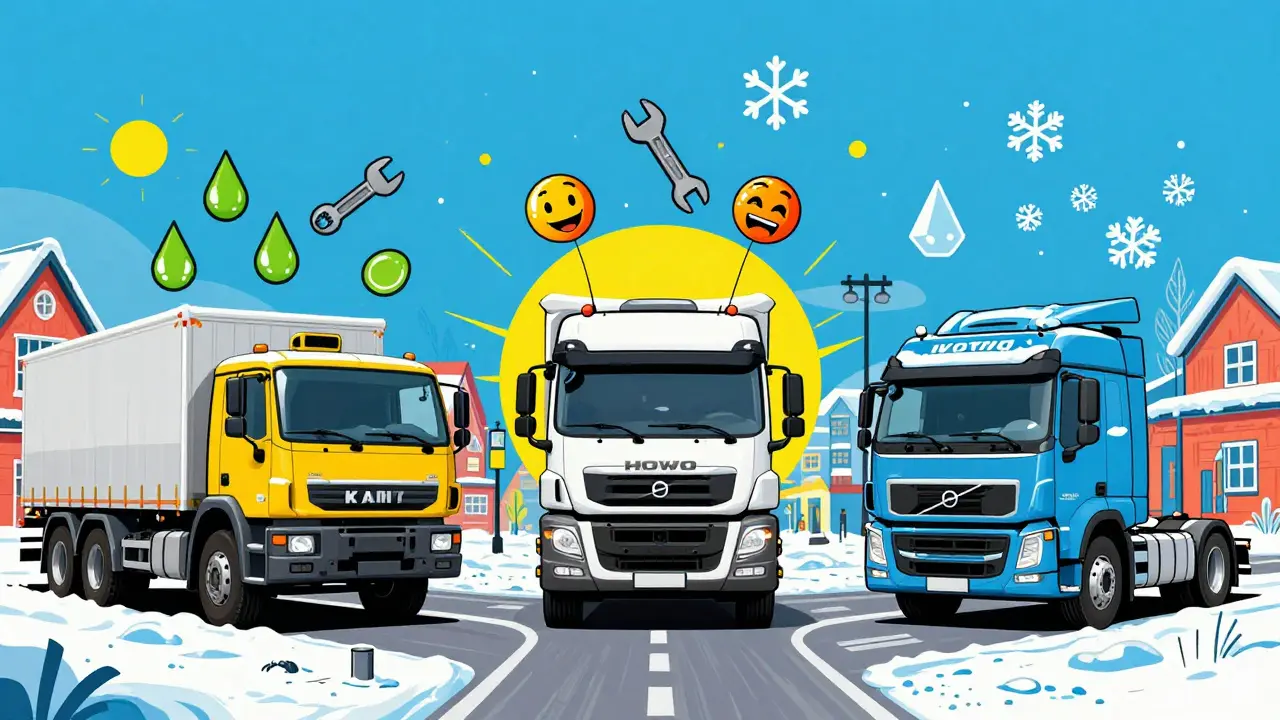 Три самосвала — КАМАЗ, HOWO и Volvo — стоят рядом в разных условиях, каждый с символами их особенностей