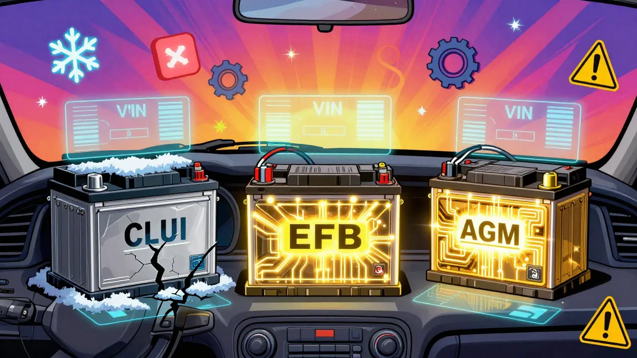 Три типа аккумуляторов в стиле психоделического поп-арта: кальциевый, EFB и AGM с энергетическими импульсами.