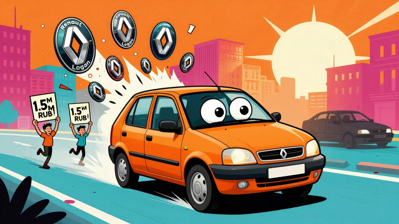 Улыбающийся Lada Iskra едет по городу с плавающими ценниками и исчезающим европейским автомобилем.