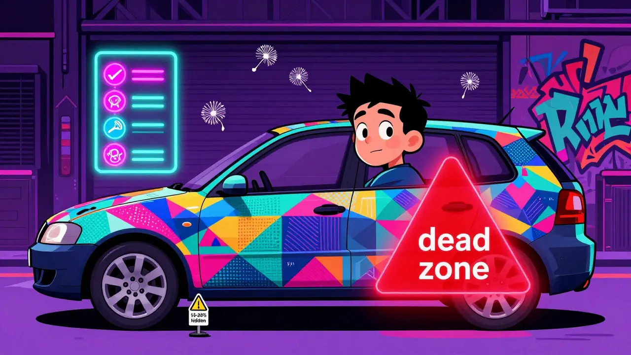 Водитель поворачивает голову, чтобы проверить слепую зону, в салоне — геометрические узоры и символы безопасности.