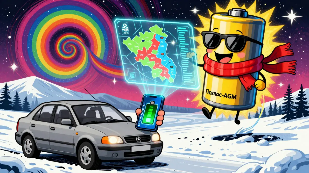 Водитель с телефоном и гигантской улыбающейся АКБ с Bluetooth в снежной Сибири, вокруг — космические узоры.