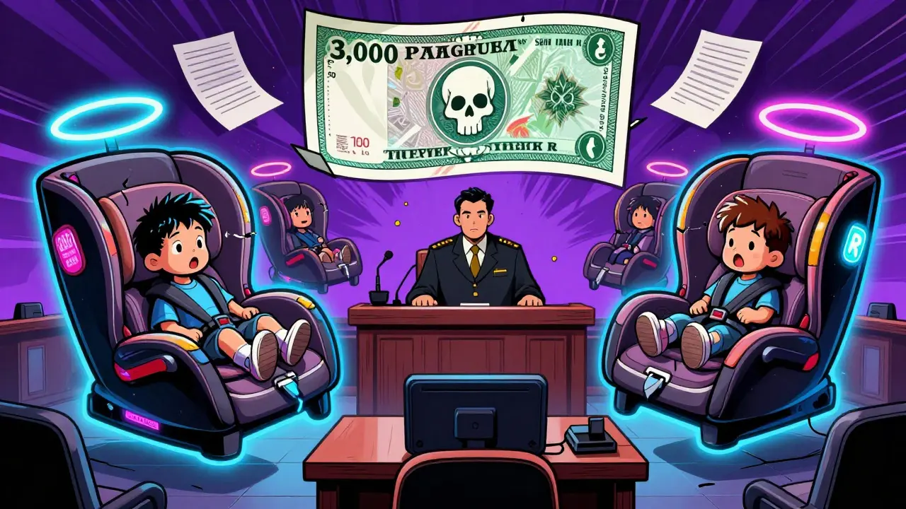 Водитель такси в суде, вокруг него светящиеся детские кресла и штраф.