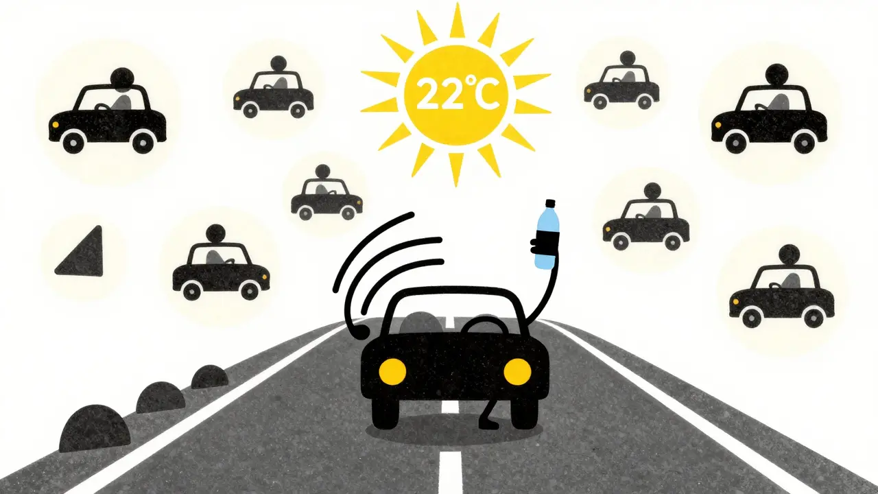 Водитель в спокойном потоке трафика, с водой и лёгкими движениями, вокруг — геометрические формы и ауры спокойствия.