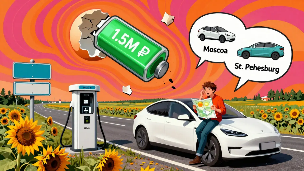 Зарядная станция сломана на обочине, водитель смотрит на карту, над ним — треснувшая батарея и значки дорогих запчастей.