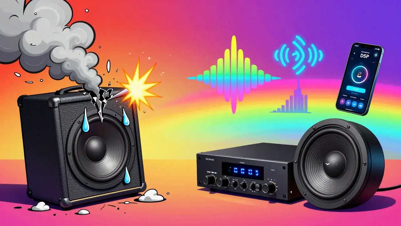 Два сценария: сломанный сабвуфер плачет, а современный усилитель с DSP спокойно работает — яркий мультяшный контраст.