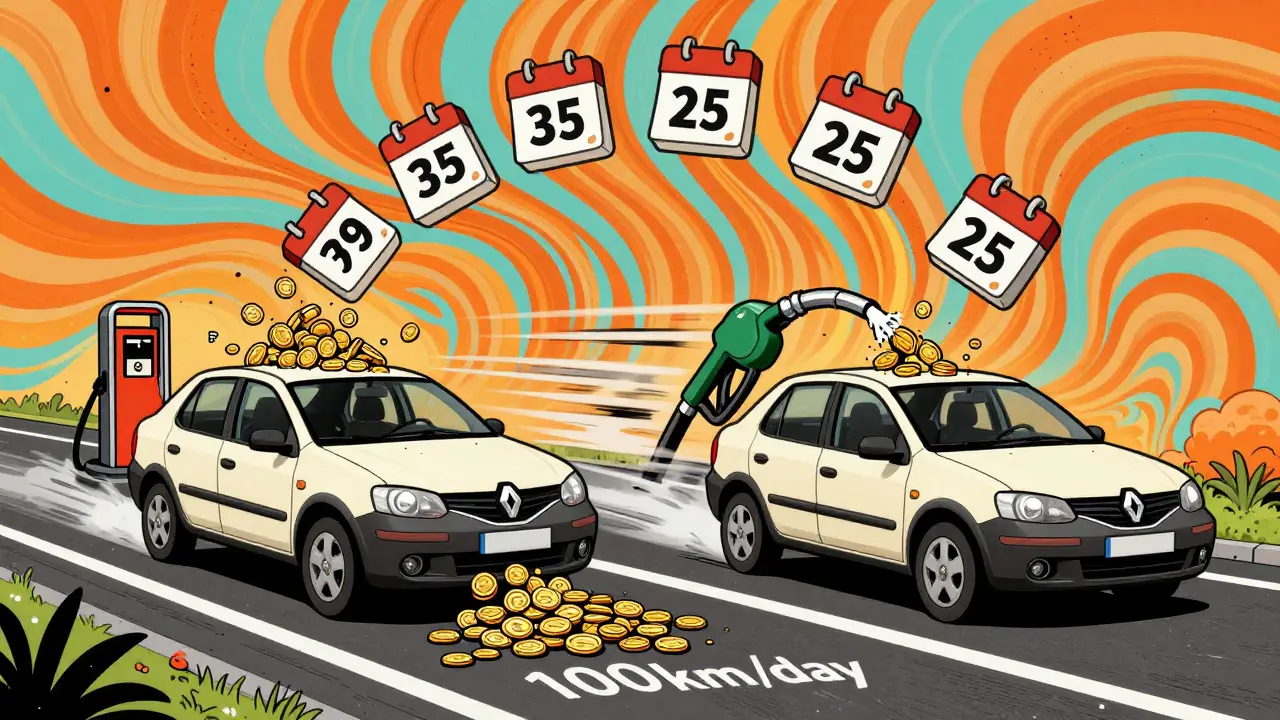 Две машины сравнивают расход топлива: бензин дороже, газ дешевле, календарь быстро переворачивается.