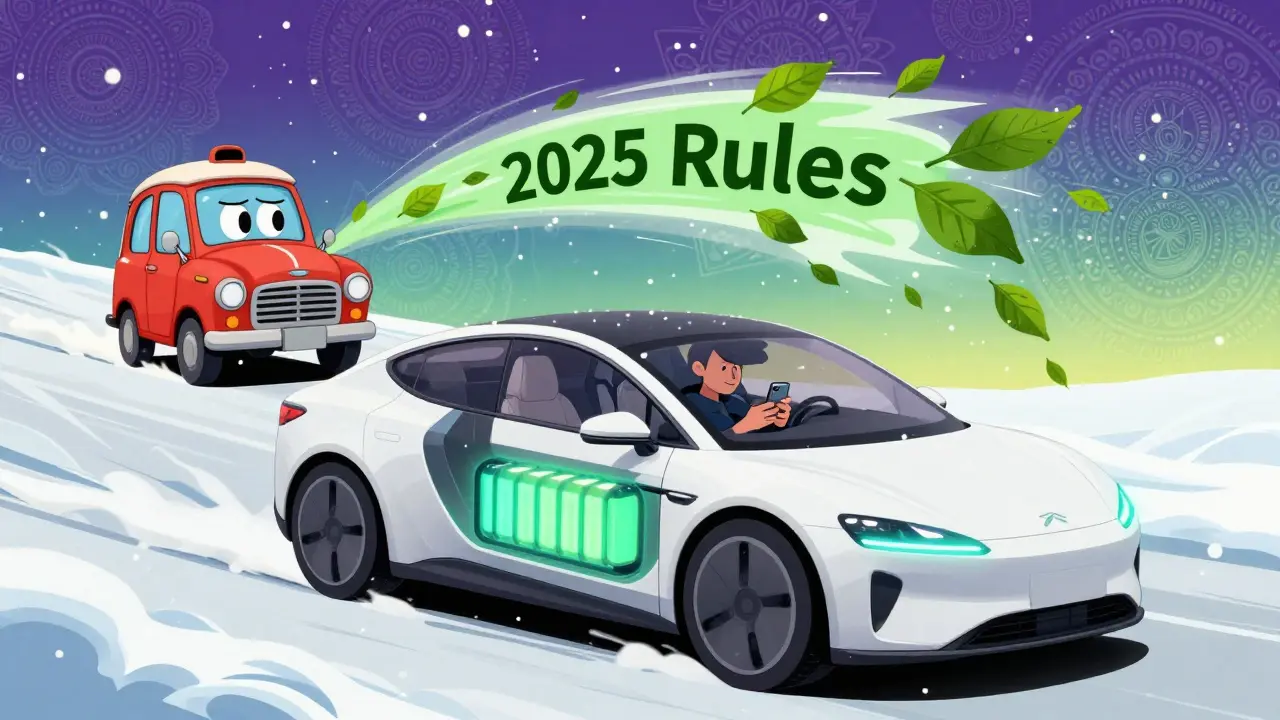 Электромобиль с подогревом салона через телефон, старая машина уносится зеленым ветром, снег и радужные узоры.