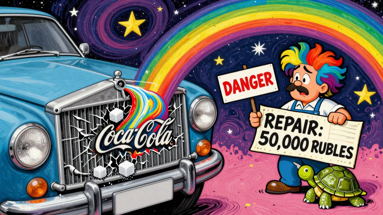 Кока-кола течёт в радиатор, вызывая трещины и засоры, механик предупреждает о дорогостоящем ремонте.