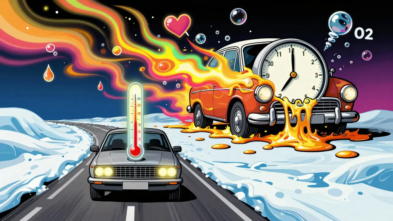 Машина едет по снегу, термометр растет, старый автомобиль тает в масле и пузырях CO2.