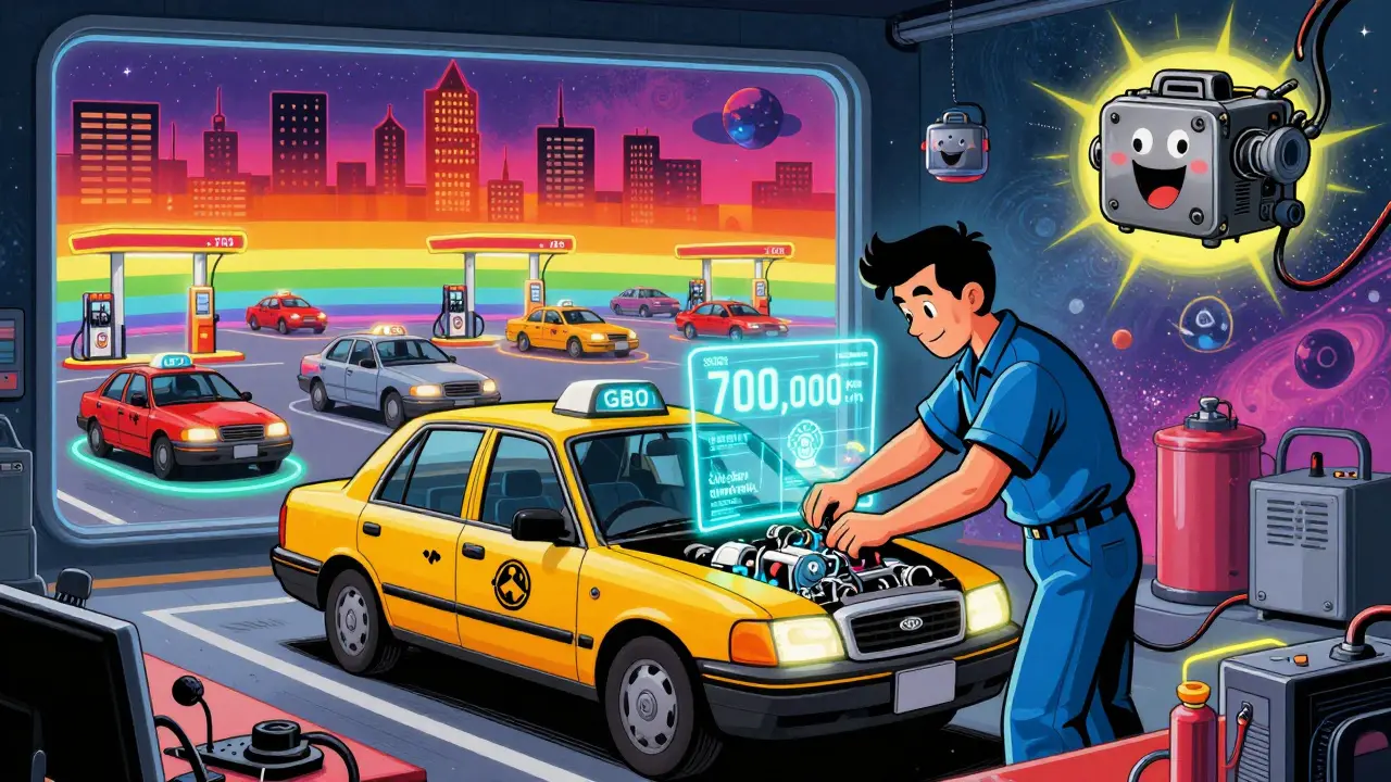 Механик устанавливает современное ГБО, вокруг — цифры пробега и заправки, психоделический свет и радужные узоры.