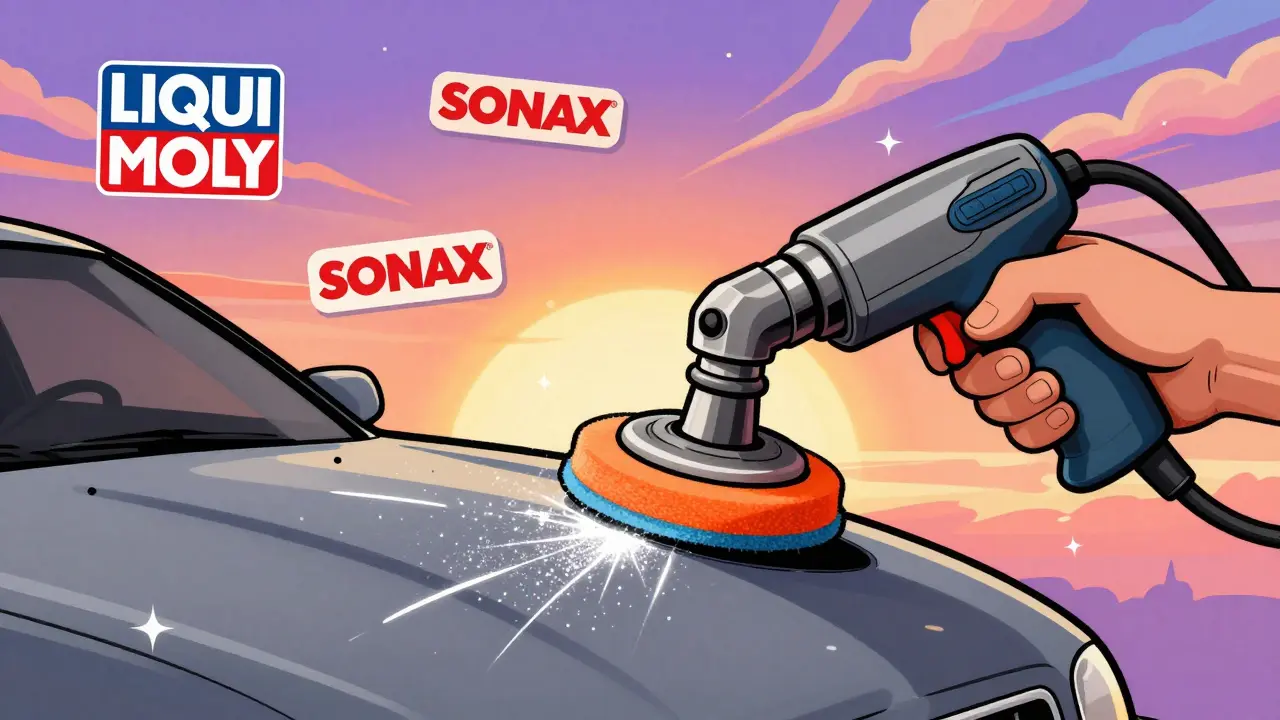 Полировальная машинка убирает царапину, оставляя блестящий след в психоделическом стиле