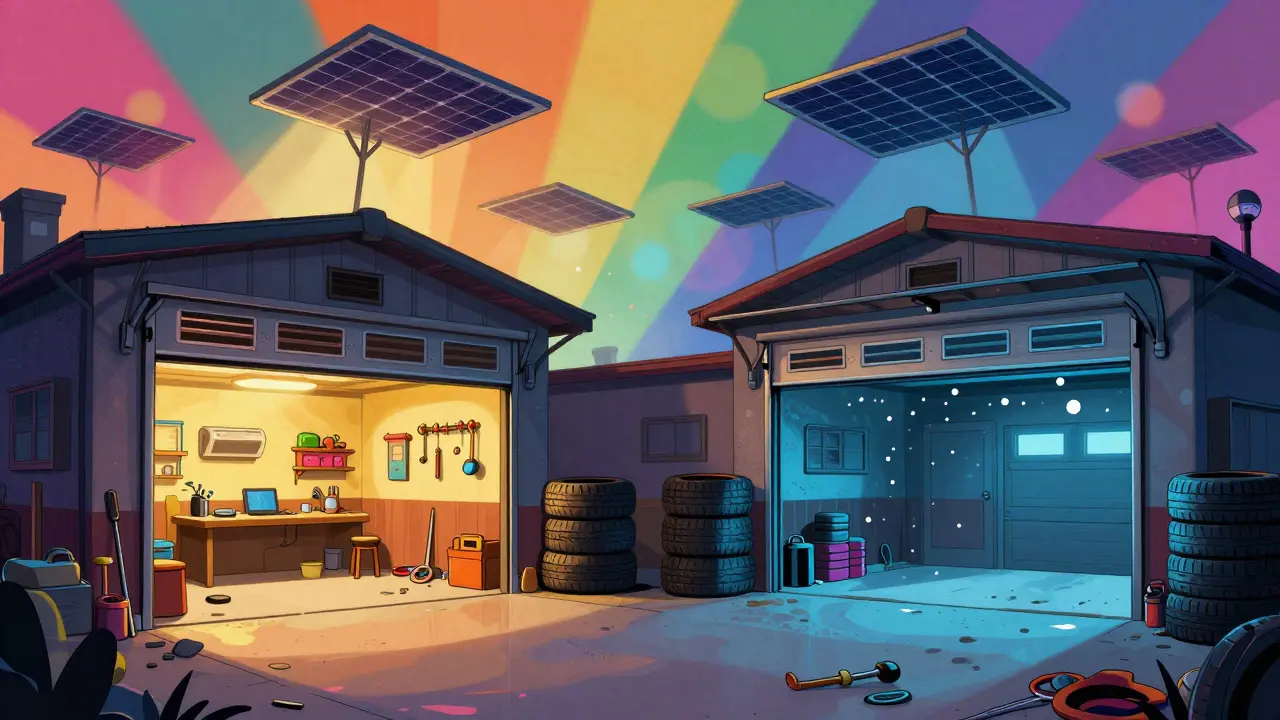 Раздельный гараж с двумя зонами: тёплой мастерской и холодным боксом, с солнечными панелями и плавающими инструментами.