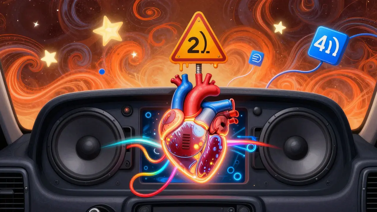 Схема автомобиля в стиле Питера Макс: сердце-усилитель питает легкие-сабвуферы, окруженные символами импеданса и DSP.