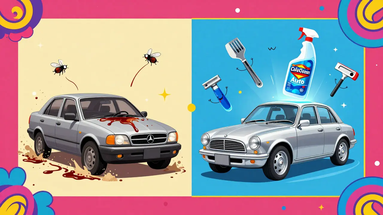Сравнение: грязная машина с колой слева и идеально чистая с профессиональной химией справа.